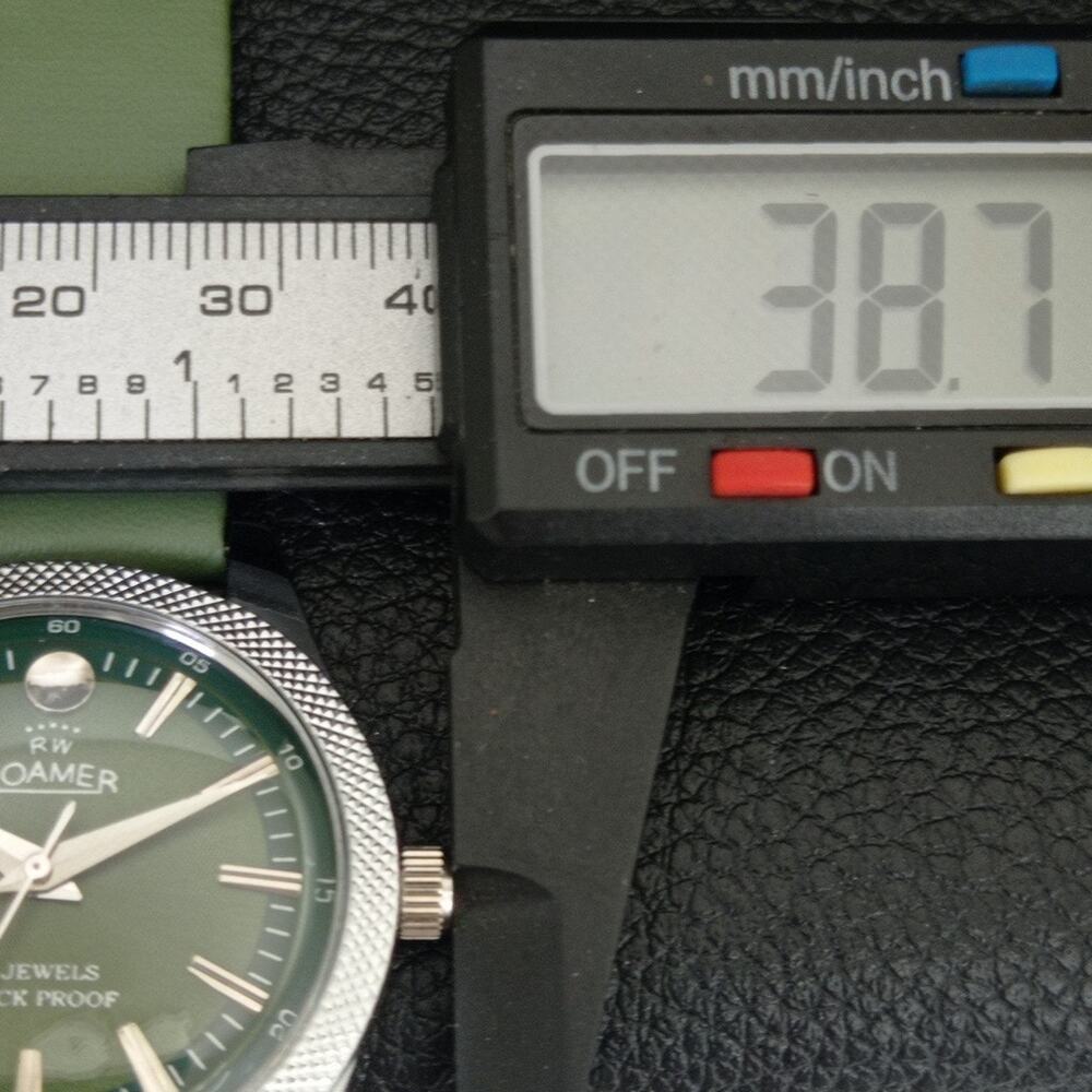 Vintage 1970 Roamer Manual Mens Silver Watch W/Leather Strap & Green accents - Picture 7 of 9